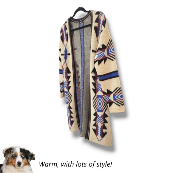 🌿GeeGee Women's Small/Medium Longsleeve Acrylic Aztec Tan Split Hem Cardigan - Picture 4 of 14